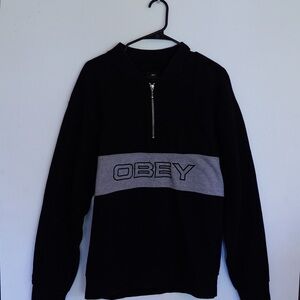 Obey Black and Gray Zip Up Sweater with Logo
